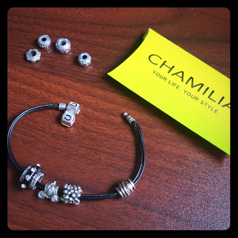 Chamilia Black Leather Bracelet with Charms